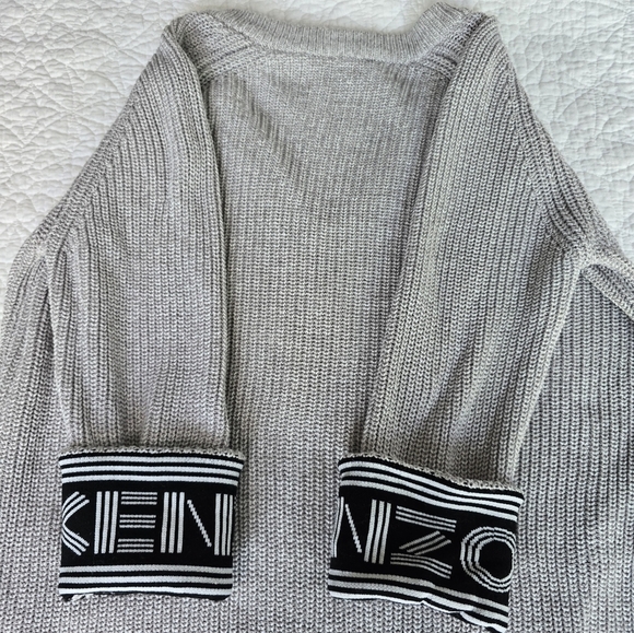 KENZO Knit Zippered V-neck Cardigan Logo Printed Cuff Cotton Wool Blend - Gray - Picture 10 of 16